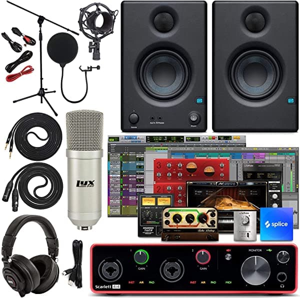 Focusrite Scarlett 4I4 4X4 Interfaz De Audio Usb Completo Paquete De Estudio Con Descarga Para Kit De Software De Producción De Música Creativa Y Eris 4.5 Pares De Monitores De Estudio Y Cables De Instrumento De 1/4"