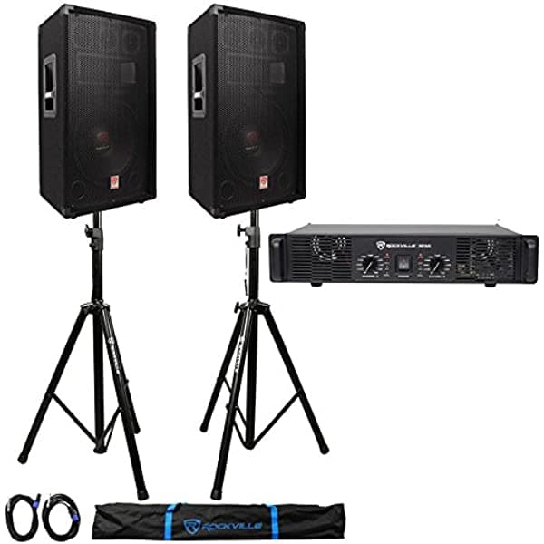 2 Rockville Rsg12.4 12 1000W Dj Parlantes+Rpa5 1000W Amplificador+Stands+Cables+Funda (2) RSG12.4+RVSS2-TSNL4+RPA4