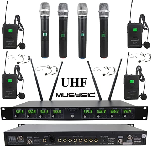 Musysic MU-U8-HL Sistema de Micrófono Inalámbrico Profesional 8 Canales UHF de Mano, Lavalier de Solapa y Vincha, Cumplimiento FCC