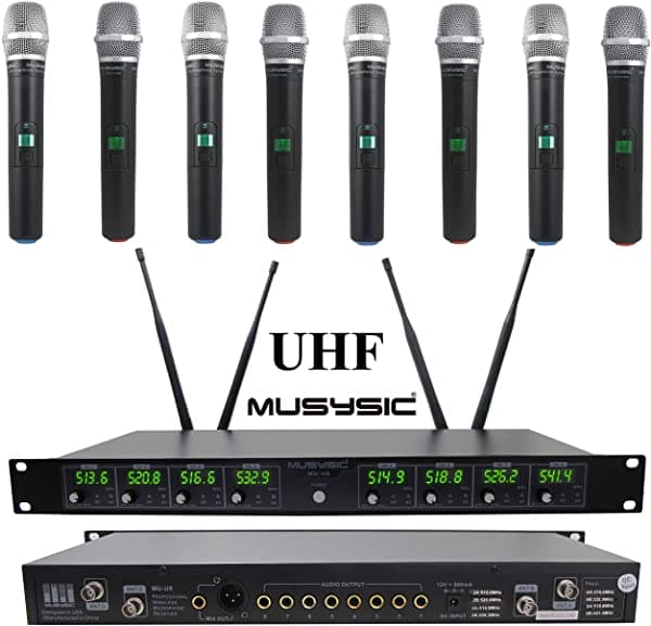 Musysic MU-U8-HH Sistema de Micrófono Inalámbrico Profesional 8 Canales UHF de Mano, Cumplimiento FCC