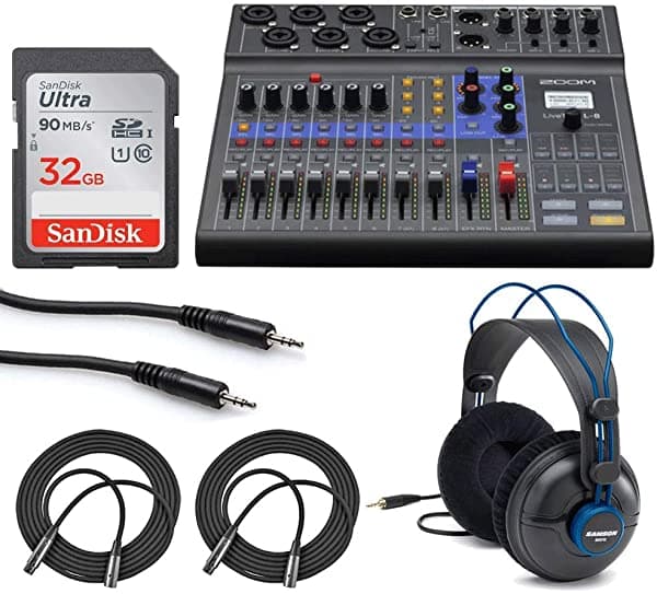 Zoom Livetrak L-8 - Mezclador Digital Portátil De 8 Canales Y Grabadora Multipista + Tarjeta De Memoria De 32 Gb + Auriculares De Estudio + Cable Mini Macho Estéreo + Cables De Micrófono