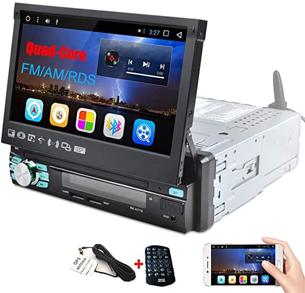 Camecho 1 Din Estéreo para Auto con Navegación, Cuatro Núcleos, 7 Pulgadas, Pantalla Táctil Capacitiva Retráctil y Flip Out, Compatible con Bluetooth, WiFi, GPS, iOS/Android, Enlace con Teléfono, USB/SD/AM/FM/RDS Radio + Control Remoto