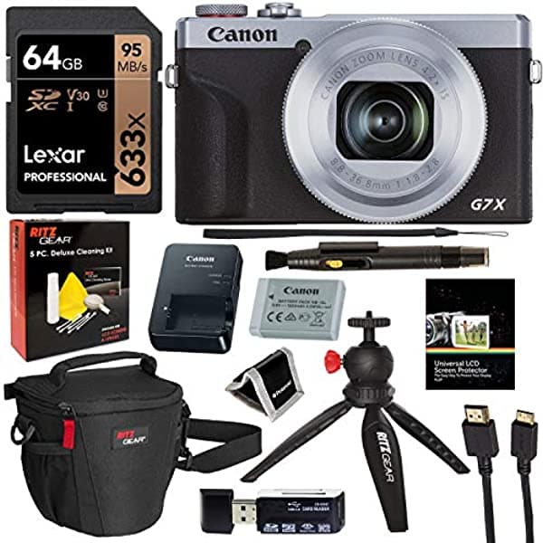 Canon PowerShot G7 X Mark III 20.1MP 4K Camara Digital (Plata) Con Lente de Zoom Optico 4.2X 0.945-3.937 in f/1.8-2.8 Plata 3638C001 Con 64GB de Memoria Tripode Bolso Para Camara Cable HDMI Kit de Limpieza