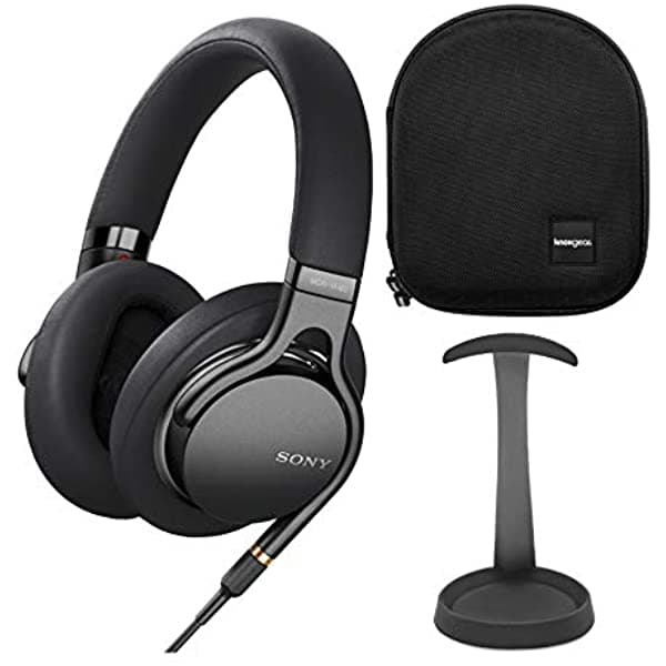 Sony MDR1AM2/B - Auriculares Estereo de Alta Resolucion Con Graves Potentes (Negro) Con Estuche Rigido y Soporte Para Auriculares de Aluminio Cepillado (3 Unidades) MDR1AM2B_K3