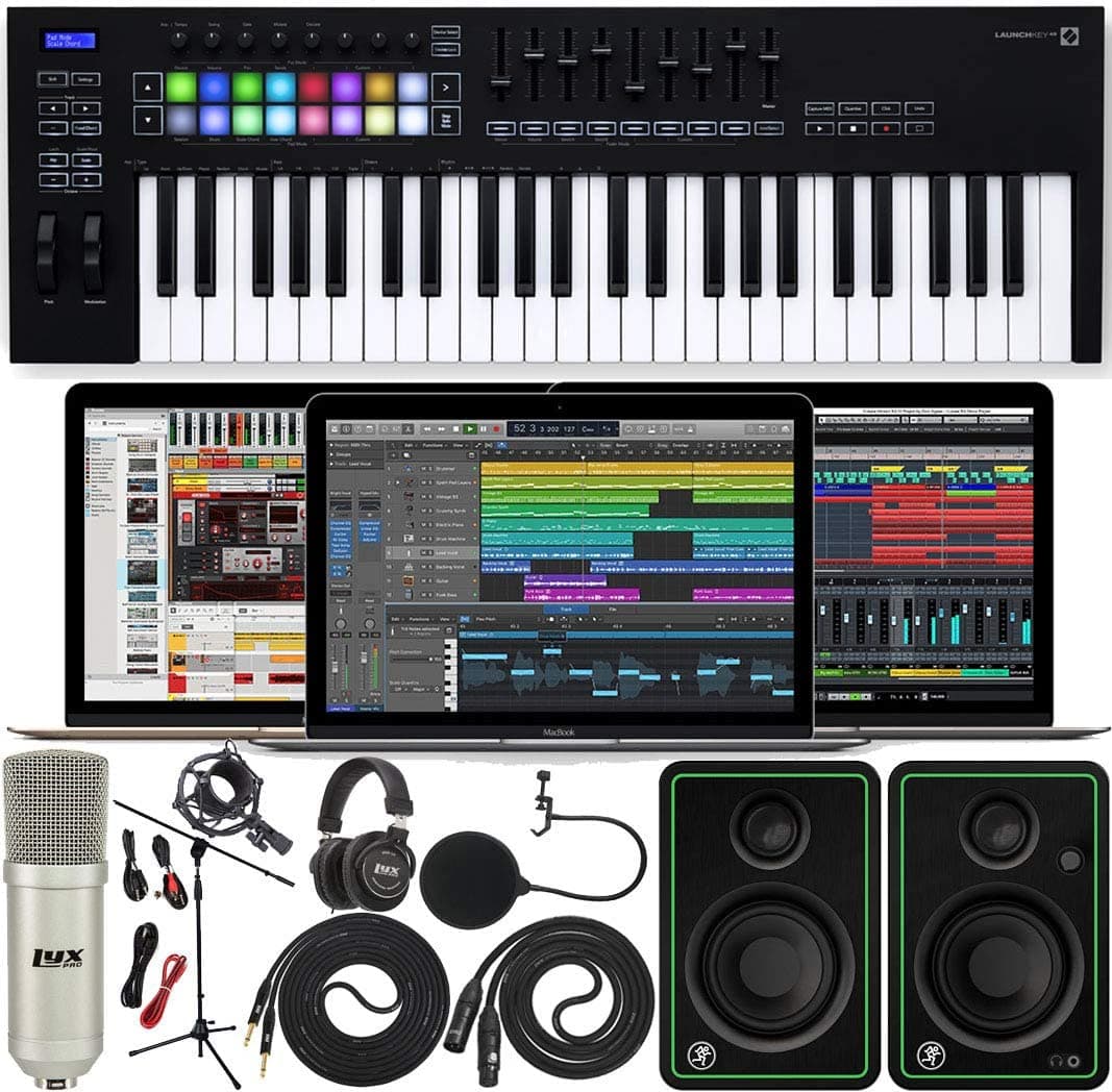 Novation Launchkey 49 MK3 USB MIDI Teclado 49 teclas controlador con software pack de Ableton Live Lite y 4 GB de Loopmasters sonidos y muestras con Mackie CR3-X Par Studio Monitors & cables de instrumento