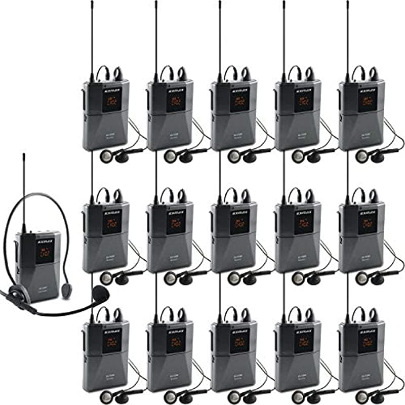 EXMAX UHF-938 Sistema de Guía de Audio para Recorridos con Microfono Inalámbrico de Diadema y Transmisión UHF Acústica para Traducción en la Iglesia, Enseñanza, Viajes e Interpretación Simultánea (1 Transmisor, 15 Receptores) UHF-938-1T15R