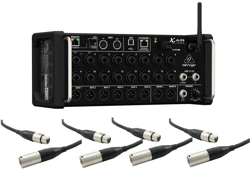 Behringer XAir XR18 Mezclador Digital Portátil de 18 Canales con Wi-Fi Integrado y 16 Preamplificadores Midas + 4 Cables de Micro XLR de 15' XR18 B