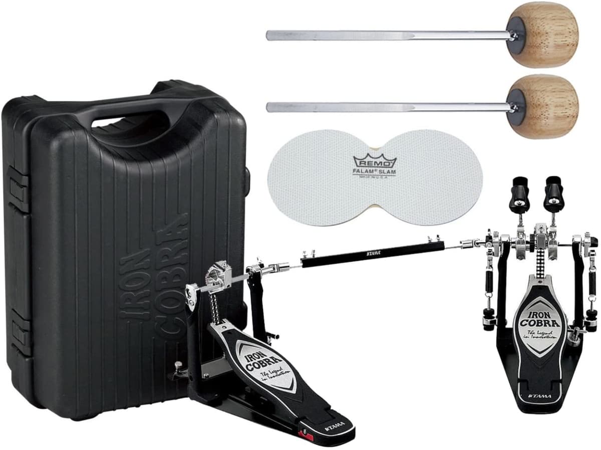 Tama HP900PWN Iron Cobra 900 Series Power Glide Pedal de bombo Doble con caja parches de impacto y batidores de madera extra HP900PWN BUNDLE