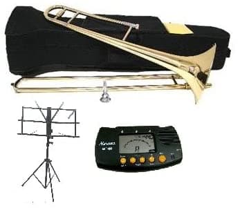 Merano Trombón de Varas Si Bemol Tenor Dorado con Estuche de Transporte + Afinador con Metrónomo + Atril, Negro WD427-MT