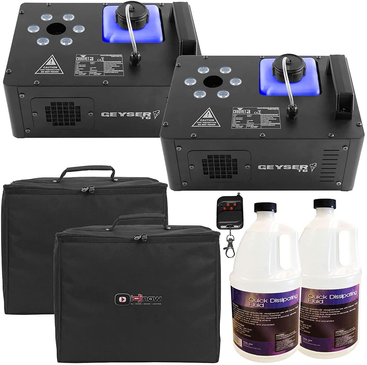 2 Chauvet DJ Geyser T6 Máquinas de Humo Vertical con Fluido y Paquete de Estuches de Transporte