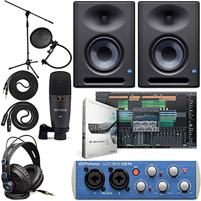 Presonus AudioBox 96 Interface de Audio (Puede Variar Azul o Negro) Paquete Completo de Estudio con Paquete de Software Studio One Artist y Par de Monitores de Estudio Eris E5 XT de 2 Vías con Diseño de Guía de Onda EBM