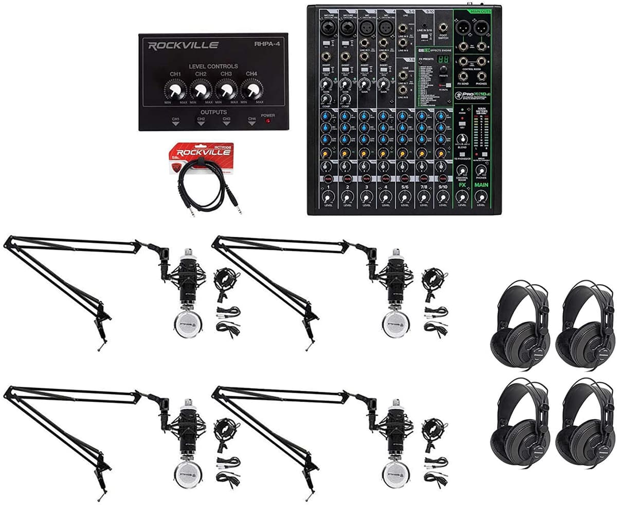 Podcast De 4 Personas Podcasting Grabación Kit Mackie Profx10 V3 Mistreador+Boom Arms ProFX10v3+(4) RCM03 BROAD 4