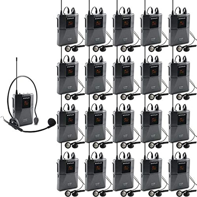 EXMAX UHF-938 Sistema de Guía Turístico Inalámbrico de Transmisión Acústica UHF con Micrófono de Diadema para Traducción en Iglesia, Enseñanza, Viajes e Interpretación Simultánea (1 Transmisor y 20 Receptores) UHF-938-1T20R