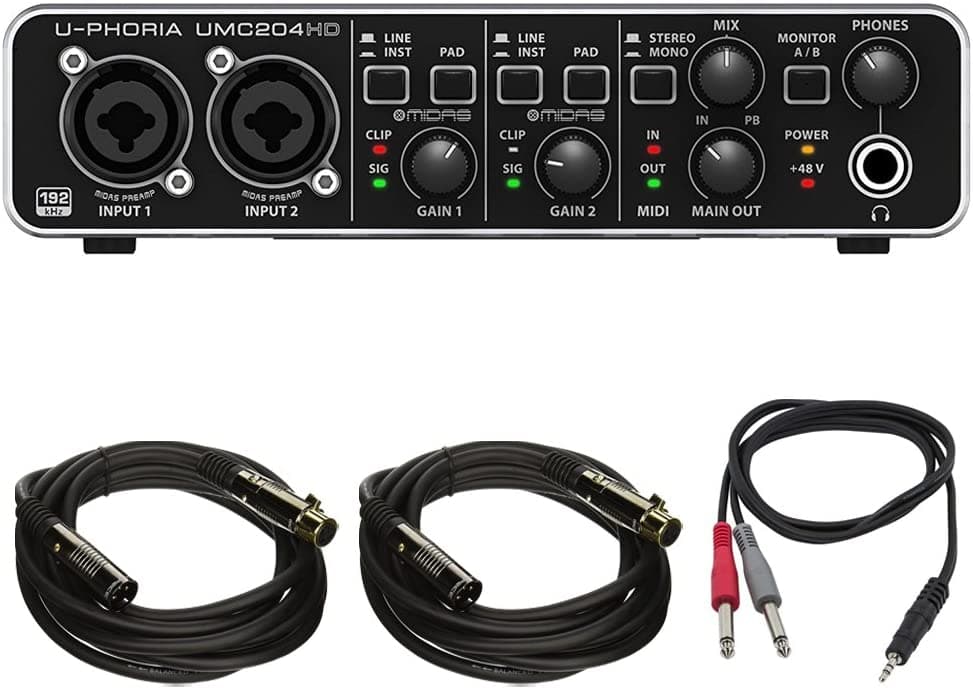 Behringer U-Phoria Umc204Hd Audiophile 2X4 24Bit 192Khz Usb Audio Midi Placa Pro Dj Bund Que Incluye 1 8 Trs Masculino Dos 1 4 Ts Masculino Cable Y 2 Paquetes Premier Series Xlr Cable Femenino Macho UMC204HDK1