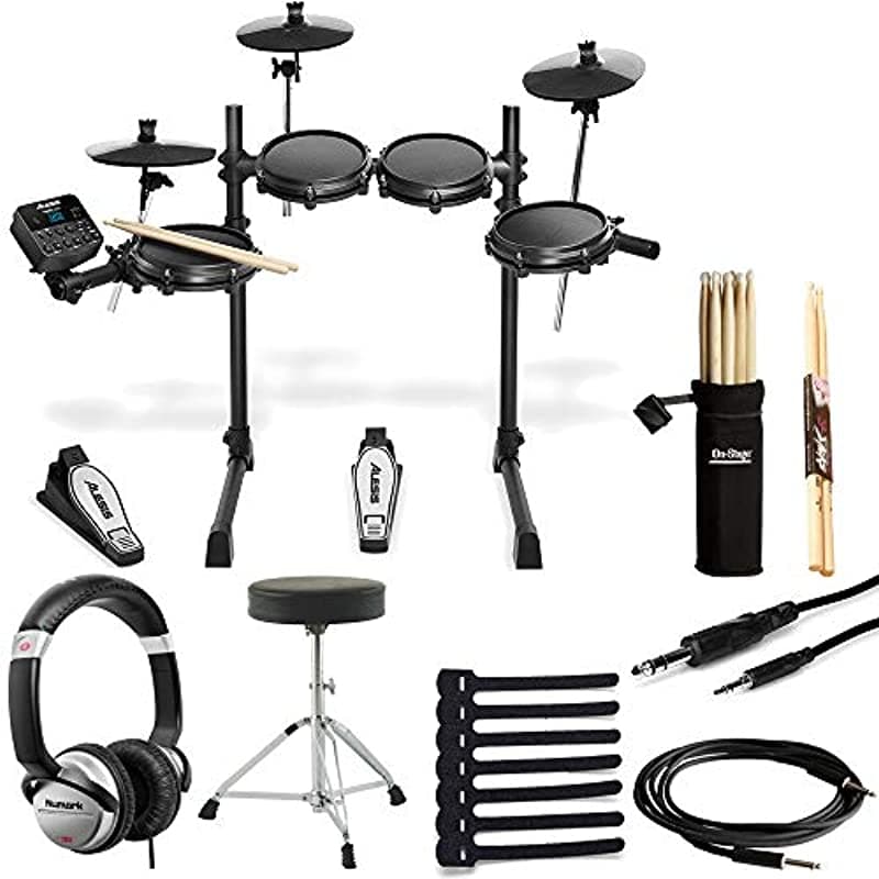 Alesis Turbo Mesh Kit de Batería Electrónica de Siete Piezas, Parches + Banqueta + Baquetas y Soporte + Auriculares para DJ + Cables