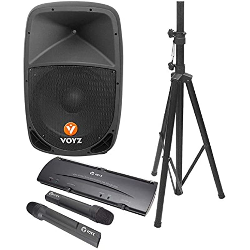 Voyz VZ-DJKIT15 Sistema de Parlante Bluetooth de 1000 Watts con Trípode y 2 Micrófonos VHF Inalámbricos, Dos Vías 15", USB SD FM Reproductor MP3, Parlante para Karaoke