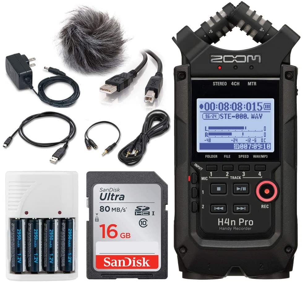 Zoom H4n Pro Grabadora Portátil Práctica de 4 Entradas/4 Pistas con Cápsula de Micrófono X/Y Incorporada (Negro) + Paquete de Accesorios para Zoom H4n Pro + Tarjeta de Memoria de 16GB + 4 Pilas AA y Cargador + Cable USB + Paño de Limpieza ZH4NPROAP
