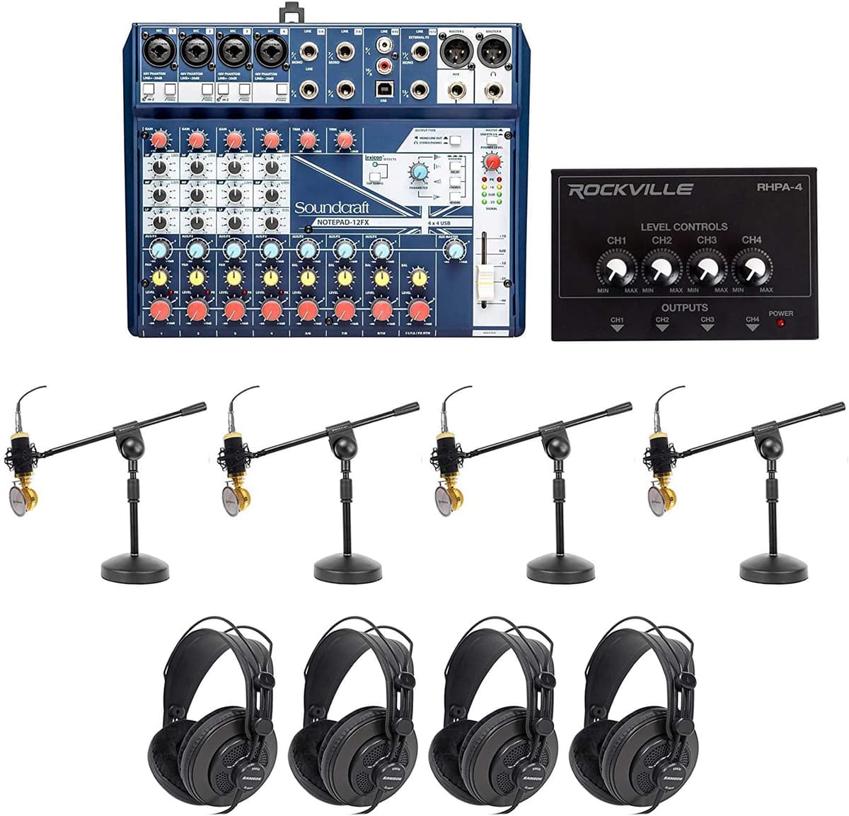 Soundcraft Kit de Grabación y Podcasting para 4 Personas con Micrófonos+Auriculares+Soportes de Brazo Notepad-12FX+RCM02 BROAD 2
