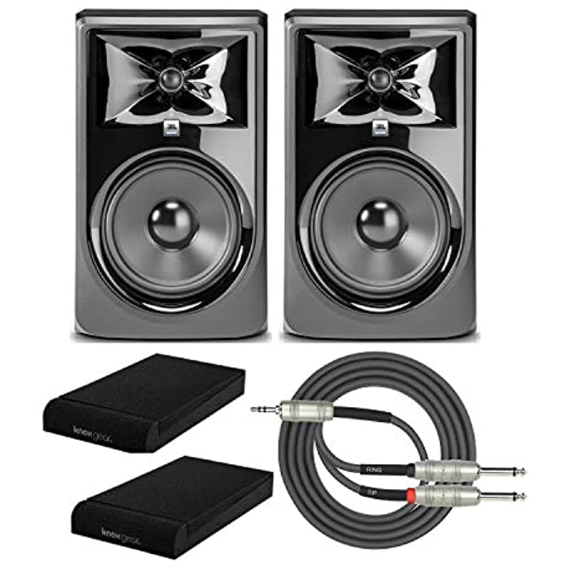 JBL 308P MkII - Monitor de Estudio Amplificado de Dos Vías de 8 Pulgadas (Par) con Almohadillas de Aislamiento Knox y Cable de Interconexión en Paquete (4 Artículos) 308PMKII_K7