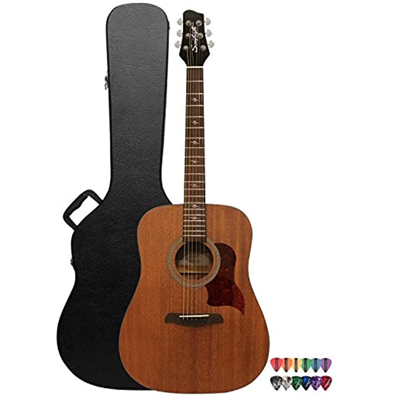Sawtooth La Serie De Caoba Solid Mahogany Top Acústica-Electric Deadnought Guitarra Hard Case Y Pick Sampler ST-MH-AED-KIT-1