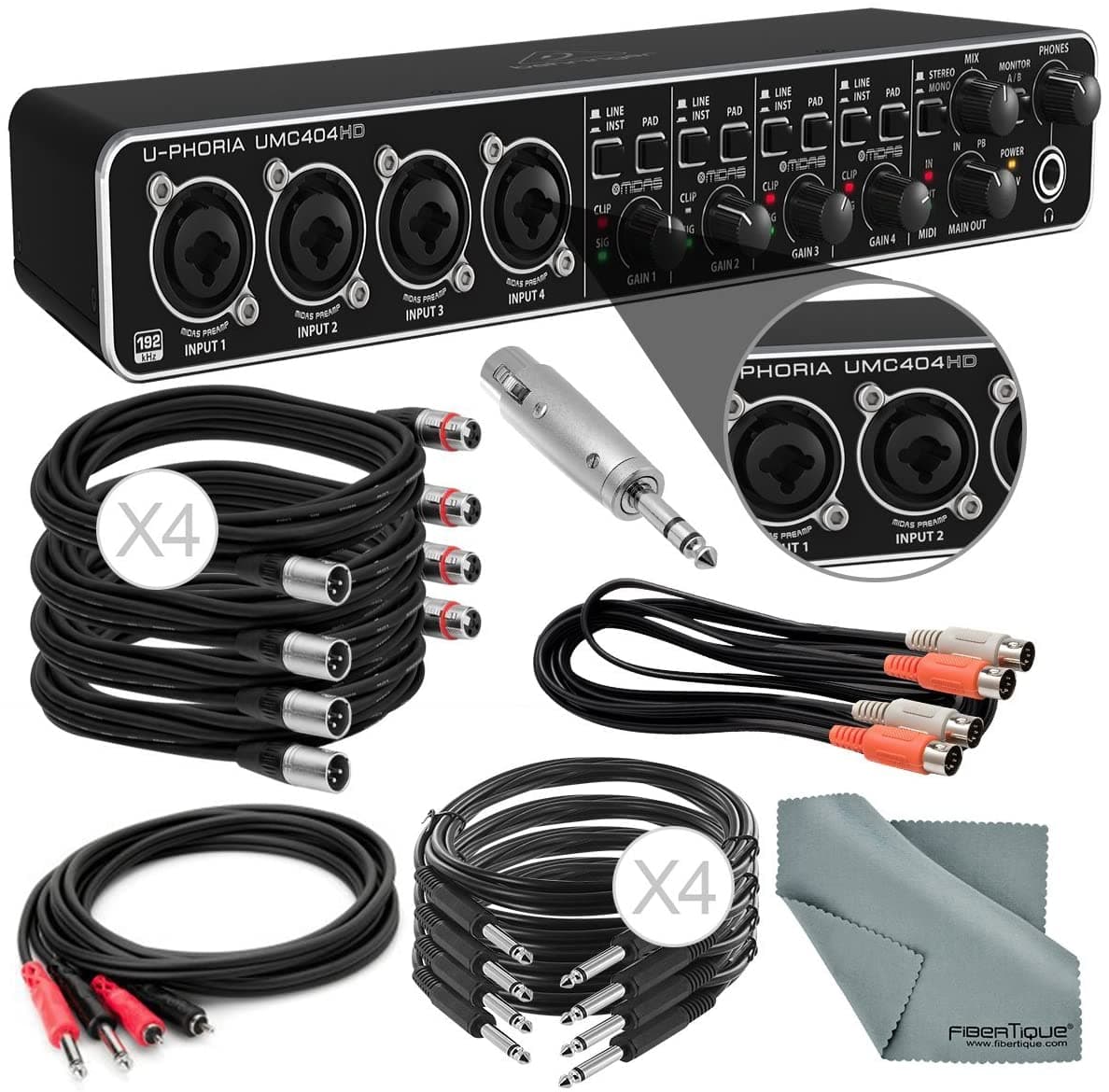 Photo Savings Behringer U-Phoria UMC404HD Interfaz de Audio/MIDI USB 2.0 + Accesorios: 8x Cables XPIX + 2 RCA Macho Dual + Cable MIDI Dual + Adaptador + Paño Fibertique