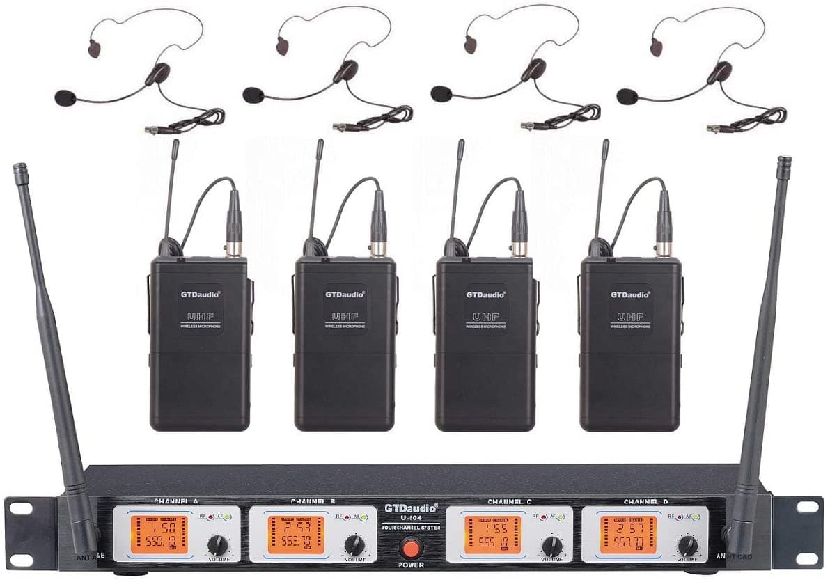 GTD Audio U-504L Sistema de Micrófono Inalámbrico UHF con 4 Micrófonos de Diadema y Solapa G-504L