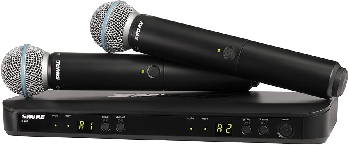 Shure BLX288/B58-J11 Sistema de Micrófono Inalámbrico UHF - Ideal para Iglesia, Karaoke, Voces - Batería 14h, Alcance 90m | Incluye (2) Micrófonos Vocales BETA 58A y Receptor Doble Canal.