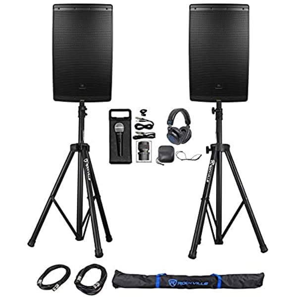 (2) Jbl Eon615 15 "2000 Vatios Alimentados Dj Pa Altavoces+Soportes+Cable+Micrófono+Auriculares (2) EON615+RVSS2-XLR+RMC-XLR+DJ1500