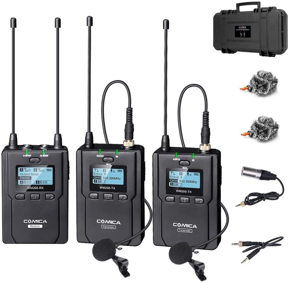 Comica CVM-WM200A Sistema de Micrófono Inalámbrico Profesional 96 Canales UHF Dual Lavalier para Cámaras Canon Nikon Sony DSLR, Videocámaras y Smartphones (2Tx+1Rx) VF-CVM-WM200A