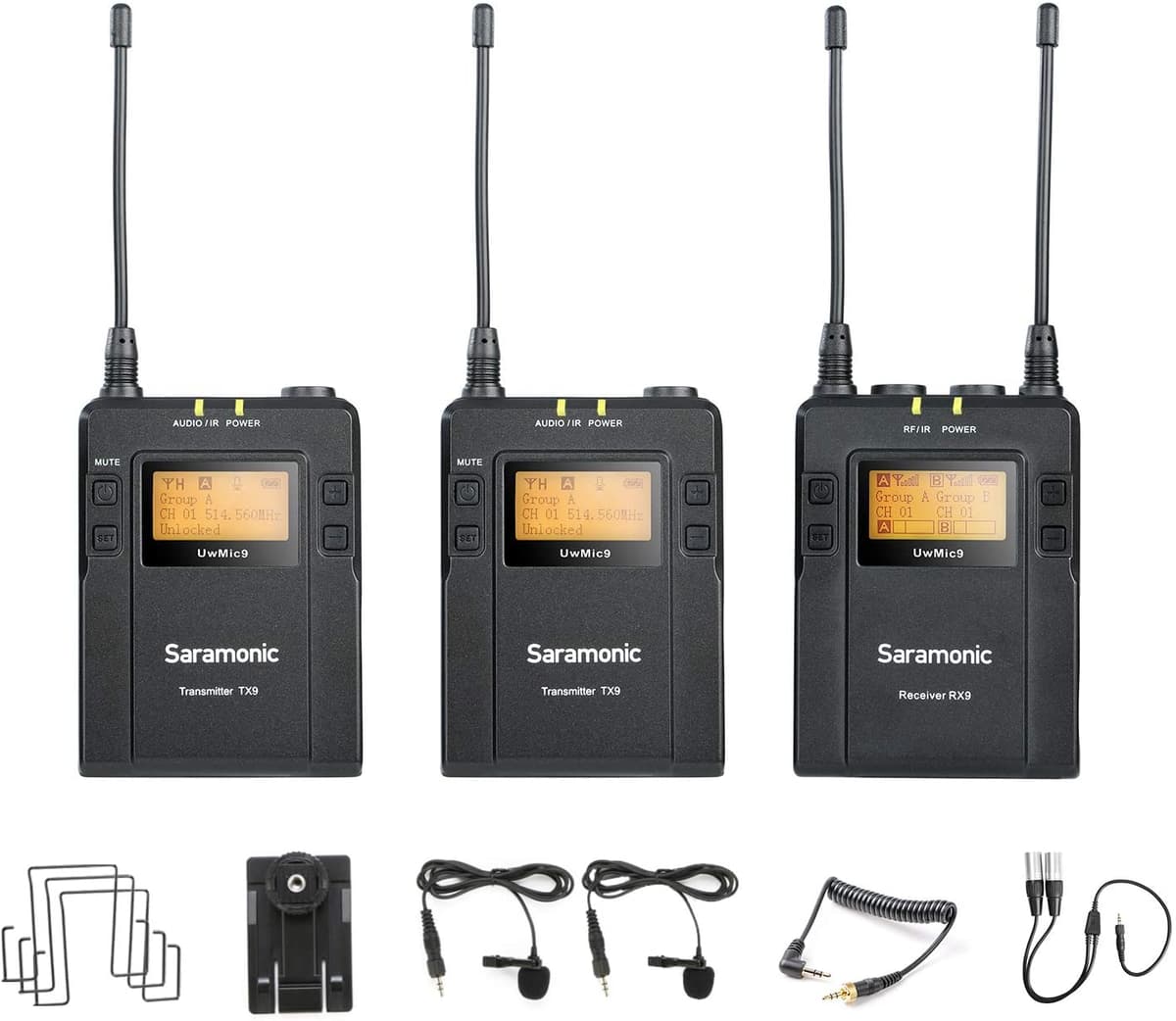 Saramonic UwMic9 Micrófono Lavalier Inalámbrico UHF Omnidireccional de 96 Canales para iPhone, Android, Cámara DSLR, Entrevistas, ENG, Podcast, Vlogs y Videos, con Monitor de Audio, 2 Transmisores y 1 Receptor Mic92