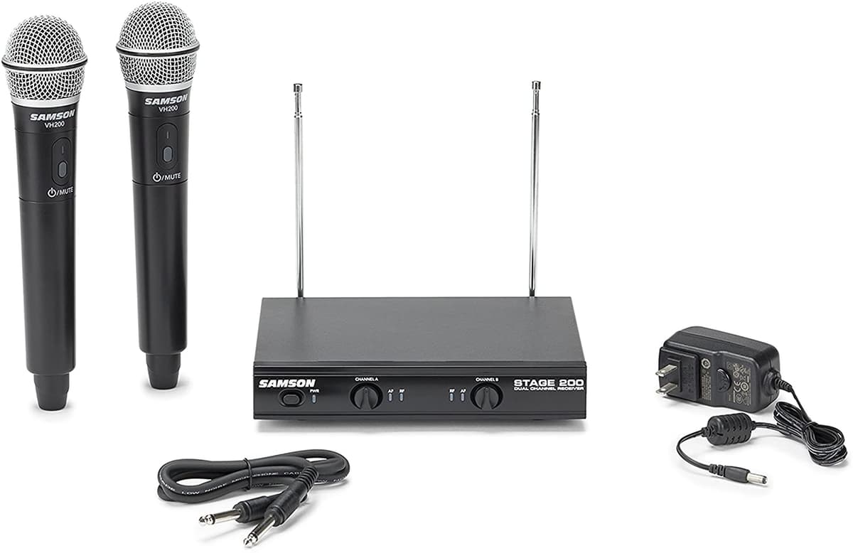 Samson Technologies SamsOn-Stage 200 Sistema Inalámbrico de Doble Canal Portátil con Dos Micrófonos Dinámicos Q6, Grupo D SWS200HHS D
