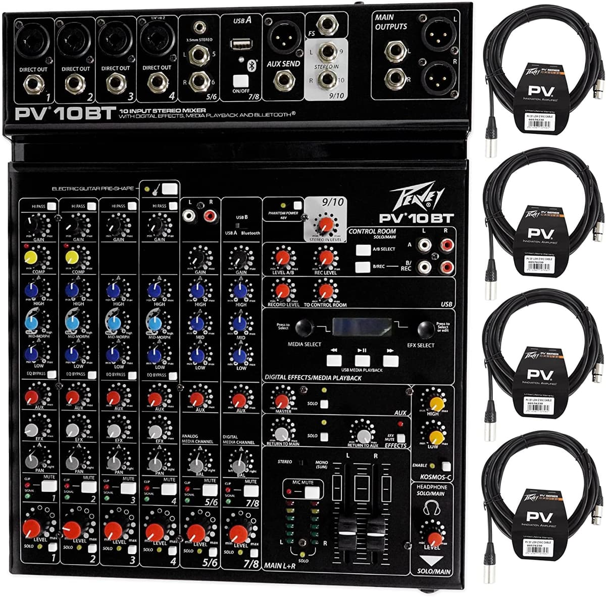 Paquete Peavey Pv 10Bt Pv10Bt Pro Mezcador De Audio 4 Micrófono En Bluetooth Usb Compressor Efectos Y 3 Band De La Banda + 4 Peavey Pv 20 'Xlr Cabas De Micrófono Z Low Z PV 10BT+4) PV 20 FT MIC CABLE