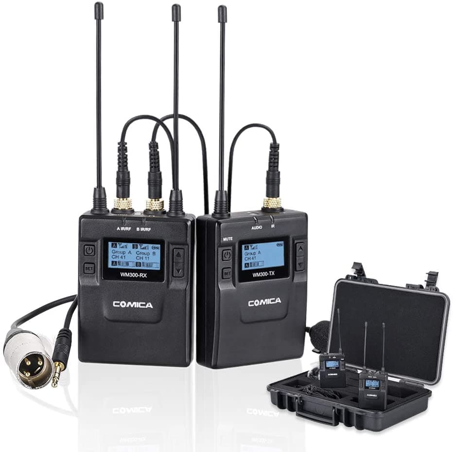 Comica CVM-WM300C micrófono Lavalier inalámbrico profesional UHF, kit de micrófono corbatero para grabación de video y conferencias, Canon Nikon Sony DSLR, cámara, videocámaras y smartphones, 1Rx+1Tx VF-CVM-WM300C