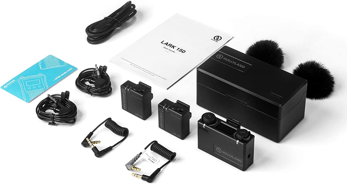 HollyView Hollyland Lark 150 [Oficial] 2.4GHz sistema Lavalier inalámbrico, 1 receptor y 2 transmisores, micrófono Lavalier omnidireccional, mic para entrevistas, alcance 340 ft, 18 horas, uso con cámara y smartphone
