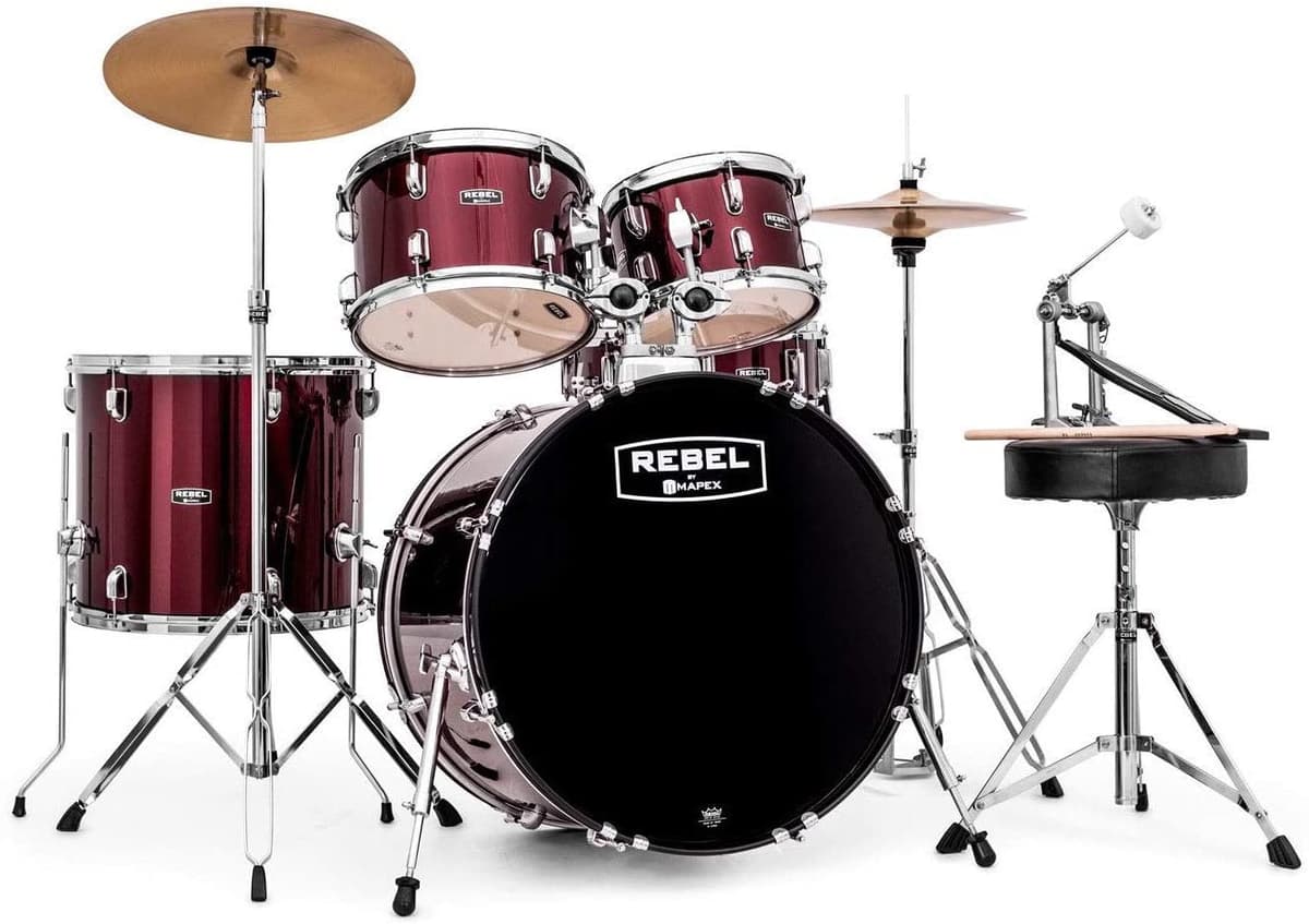 Mapex Rb5294Ftcdr Rebel - Juego De Batería De 5 Piezas Con Accesorios Platillos Y Tambor De Bajo De 22 Pulgadas Color Rojo Oscuro