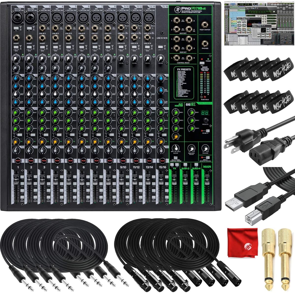 Mackie ProFX16v3 Consola de Mezcla 16 Canales USB con Software Waveform, Cables TRS y XLR, Adaptadores, Corbatas para Cables y Paño de Microfibra MACPROFX16V3K1