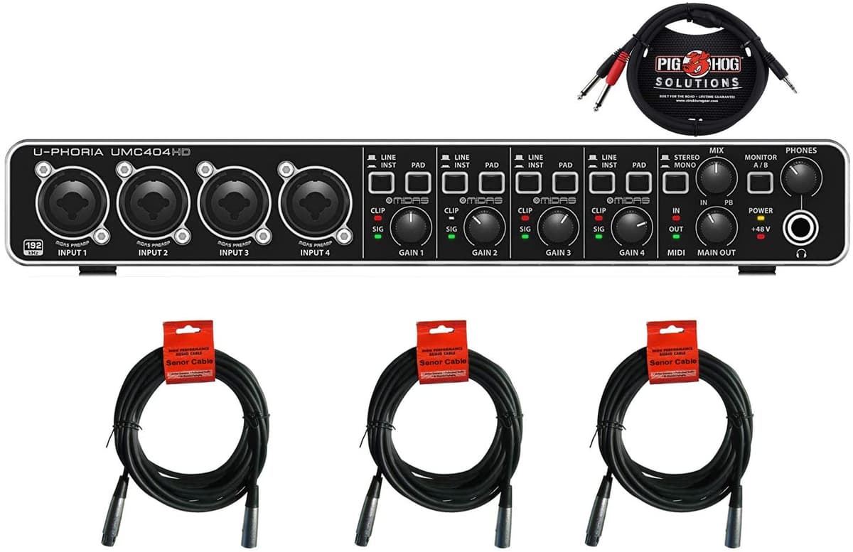 Behringer U-Phoria Umc404Hd Audio Midi Midas Mic Preamplificadores Bundle 3 Senor 20 Cables De Micrófono Y 1 X Cable De Ruptura Estéreo De Cerdo De Cerdo