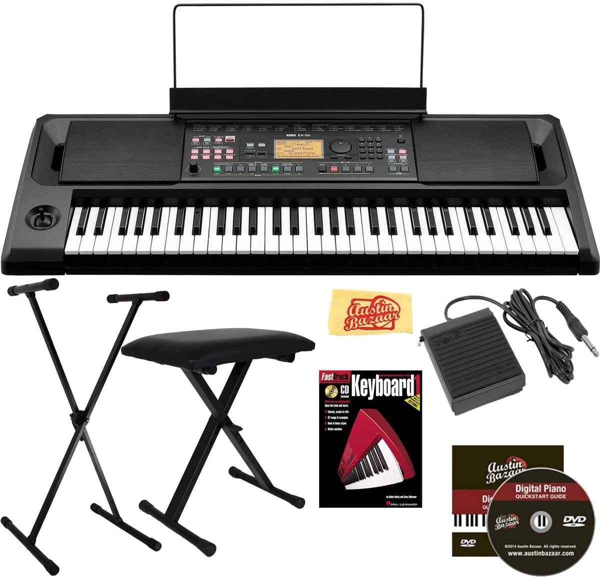 Korg Paquete De Teclado Ek-50 Entertainer Con Soporte Ajustable Banco Pedal De Mantenimiento Libro De Instrucciones Dvd Instructivo De Austin Bazaar Y Paño De Pulido EK50-COMBO-STD