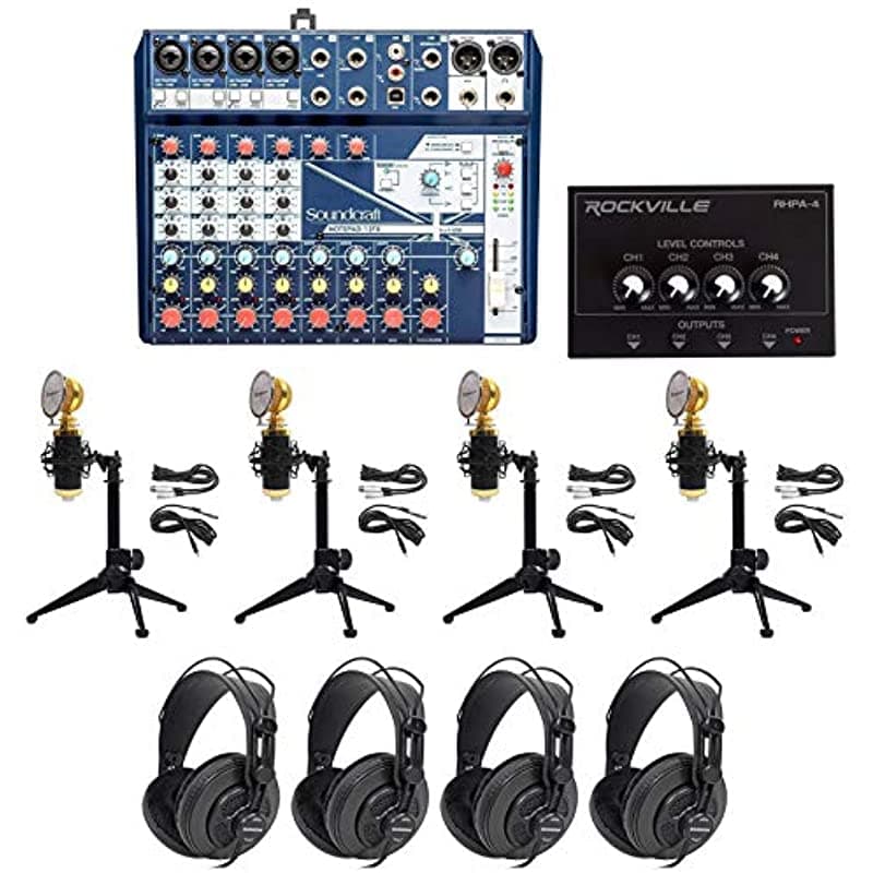 Soundcraft Notepad-12FX - Mezclador con interfaz USB con auriculares Pro-M50 con cable enrollado, micrófono de grabación RCM02 + araña antivibración, soporte de trípode de escritorio RDTS y amplificador de auriculares estéreo RHPA4 Notepad-12FX+RCM02 BROAD 3
