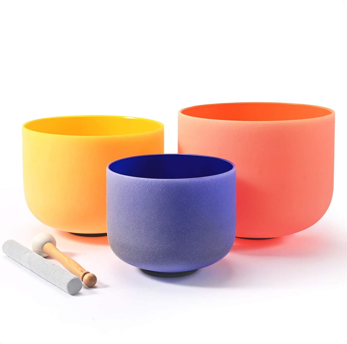Unknown Set de 3 cuencos de cuarzo de cristal de colores para canto, de 8-12 pulgadas, 440Hz - 8 pulgadas nota A, 10 pulgadas nota E, 12 pulgadas nota D, sanación con sonido