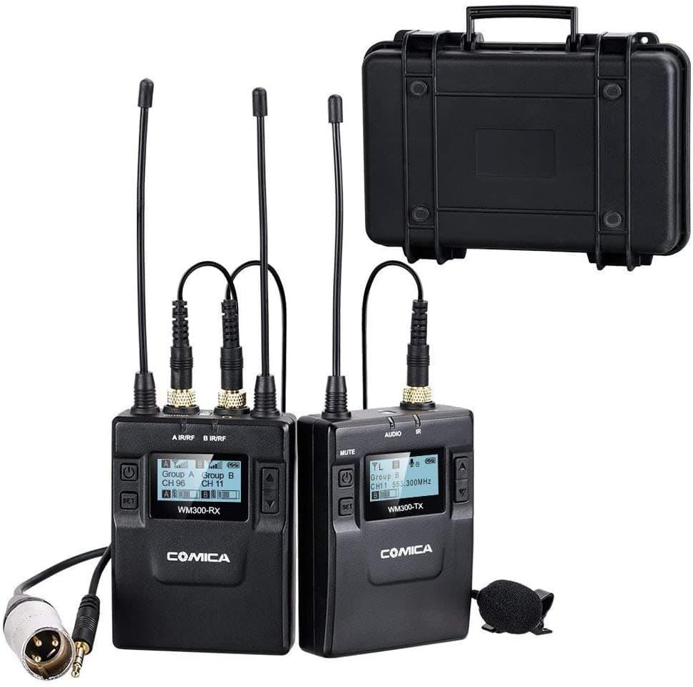 Comica CVM-WM300C - Sistema de micrófono lavalier inalámbrico UHF profesional dual de 96 canales, para Canon 5DII 5DIII 6D Panasonic GH4 GH5 XLR, cámara de videocámara y smartphone, alcance de 394 pies