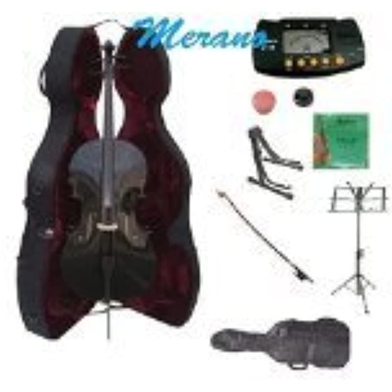 Merano 4 4 Coloque Negro De Tamaño Completo Fundación Con Fondos De Fondos+2 Conjuntos De Cuerdas+Stand De Violonchelo+Música+Metro Afinador+Mute+Rosin MC150BK
