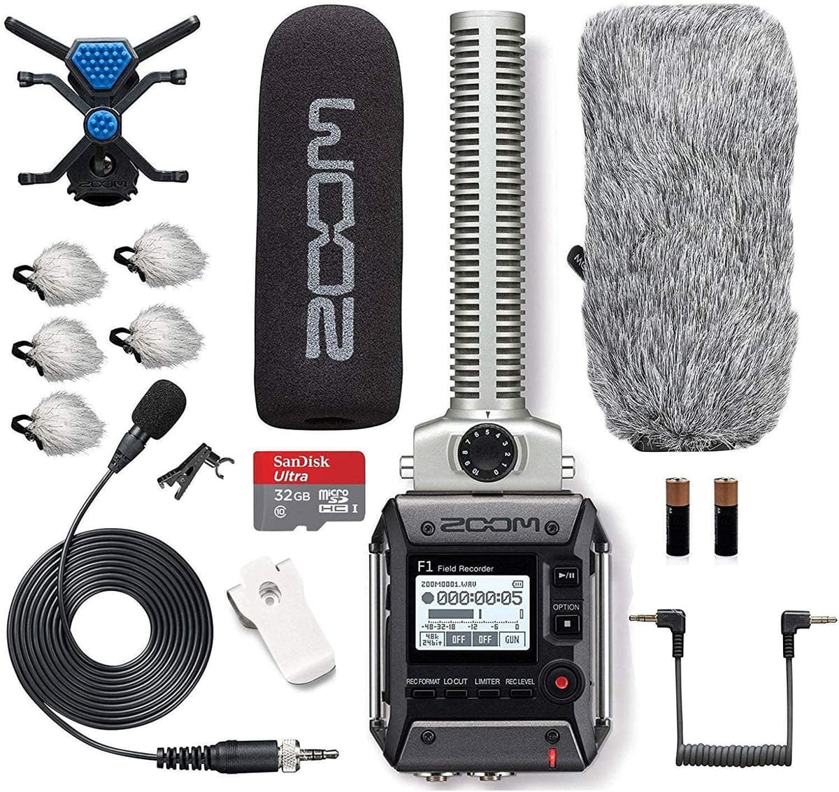 Movo Zoom F1 Sp Lp Field Grabador Shotgun Y Lavalier Micrófono Combo De Paquete De Paquete Incluye Parabrisas Deadcat Y Una Tarjeta Micro Sdhc De 32 Gb ZF1SP+APF-1+32GBMSD+WS-S1000+WS10n