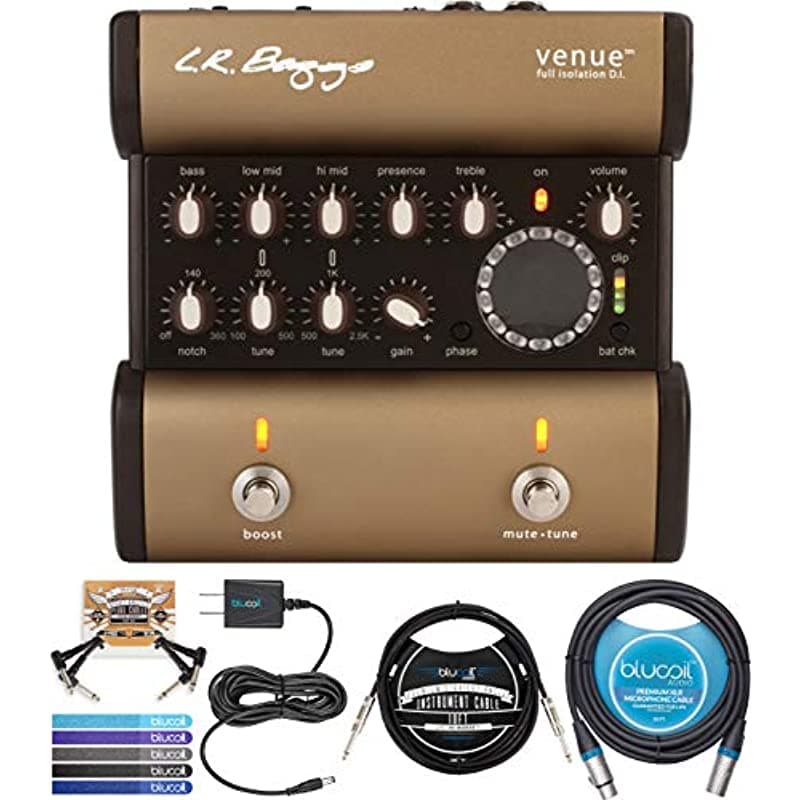 LR Baggs Venue DI Preamplificador para Guitarra Acústica con Blucoil Slim 9V Fuente AC Adaptador 10' Cable de Instrumento Recto 1/4 Cable XLR Balanceado de 10 Pies 2x Cables de Parche y 5x Precintos A1460