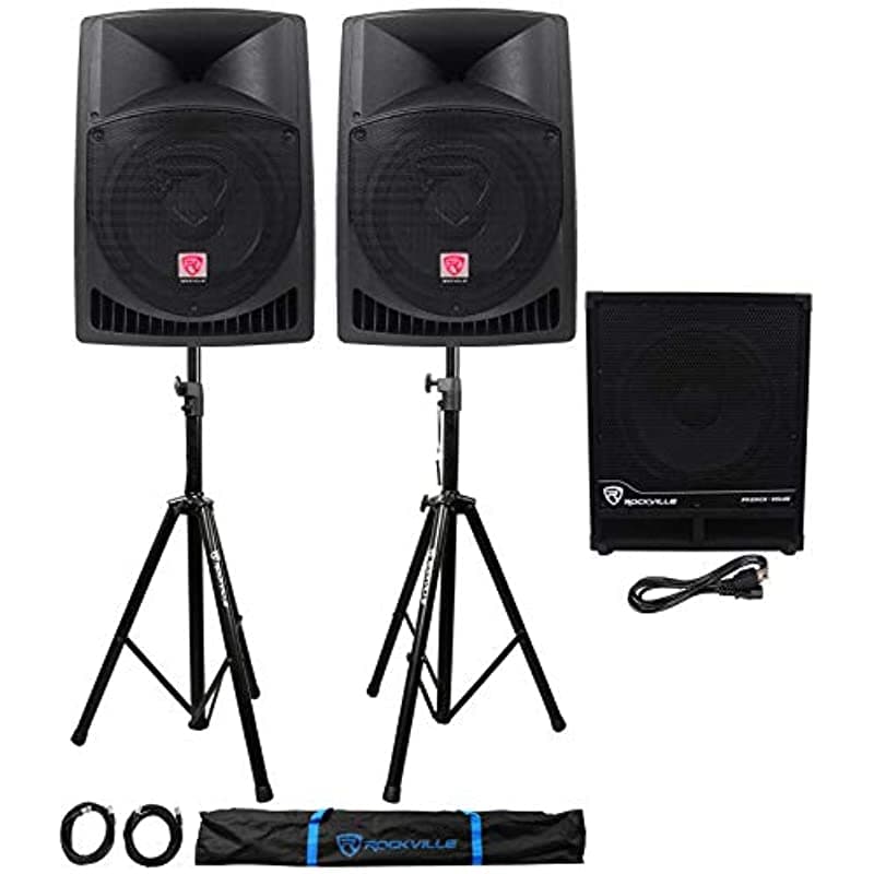 Paquete (2) Rockville RPG12 2 Vías DJ/PA Parlantes con Alimentación Totalizando 1600 W con Woofer 12" y Bobina de Voz 2.5" + Rockville RBG15S 15" 1600 W Active Subwoofer PA Potenciado + Par Rockville RVSS2-XLR de Servicio Pesado Ajustable Pro PA Parlantes + (2) Cables XLR de 20' + Estuche de Transporte + (2) Rockville RCXFM20E-B Cables de Micrófono XLR Macho a Hembra Niquelados Negros de 20 Pies (2) RPG12+RBG15S+RVSS2-XLR+(2)RCXFM20E-B