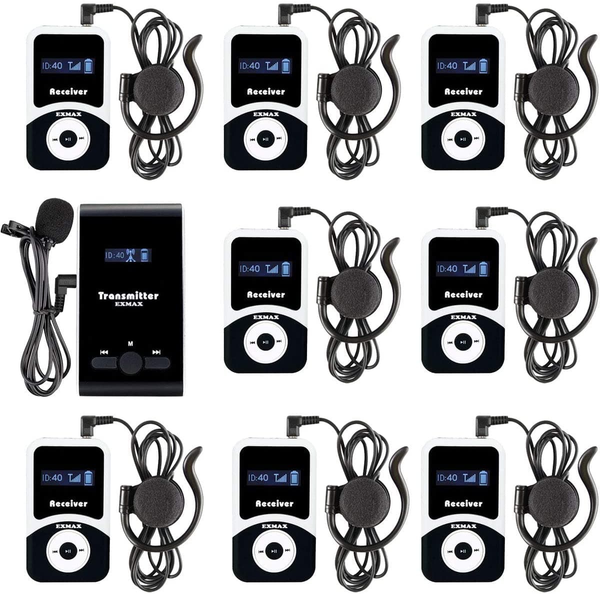 EXMAX EX-100 Sistema de Micrófono Inalámbrico para Guías Turísticos Auriculares para Traducción en Iglesia, Interpretación Simultánea, Enseñanza, Conferencias Silenciosas y Viajes de Interpretación (1 Transmisor y 10 Receptores) ATG-100T1T10R-Y