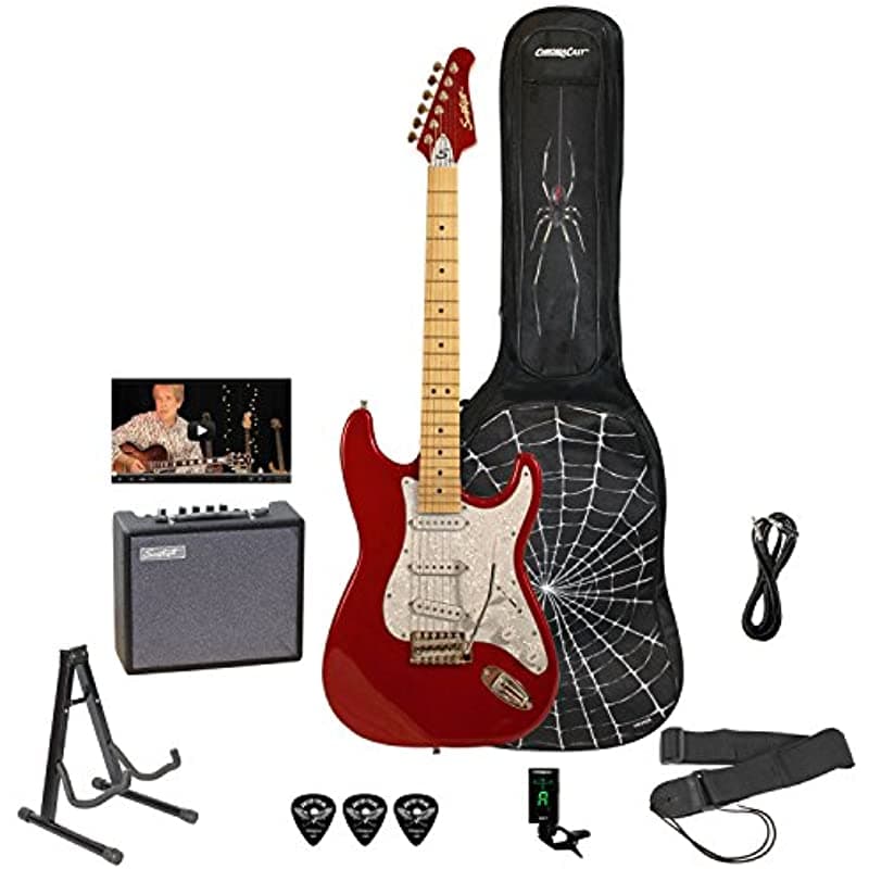Sawtooth Es Guitarra Eléctrica Rockin 'Beginner Pack Candy Apple Red Pearl White Pickguard ST-ES-SPIDER-KIT3-CAR