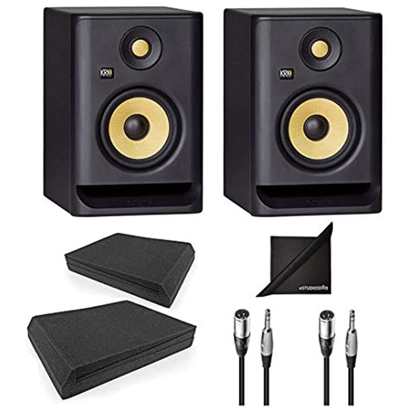 Krk Rokit Rp5-G4 Active Studio - Altavoces Con Almohadillas De Aislamiento Para Ejes Cables De Audio Y Gamuza De Pulido Estudiostar Paquete 3