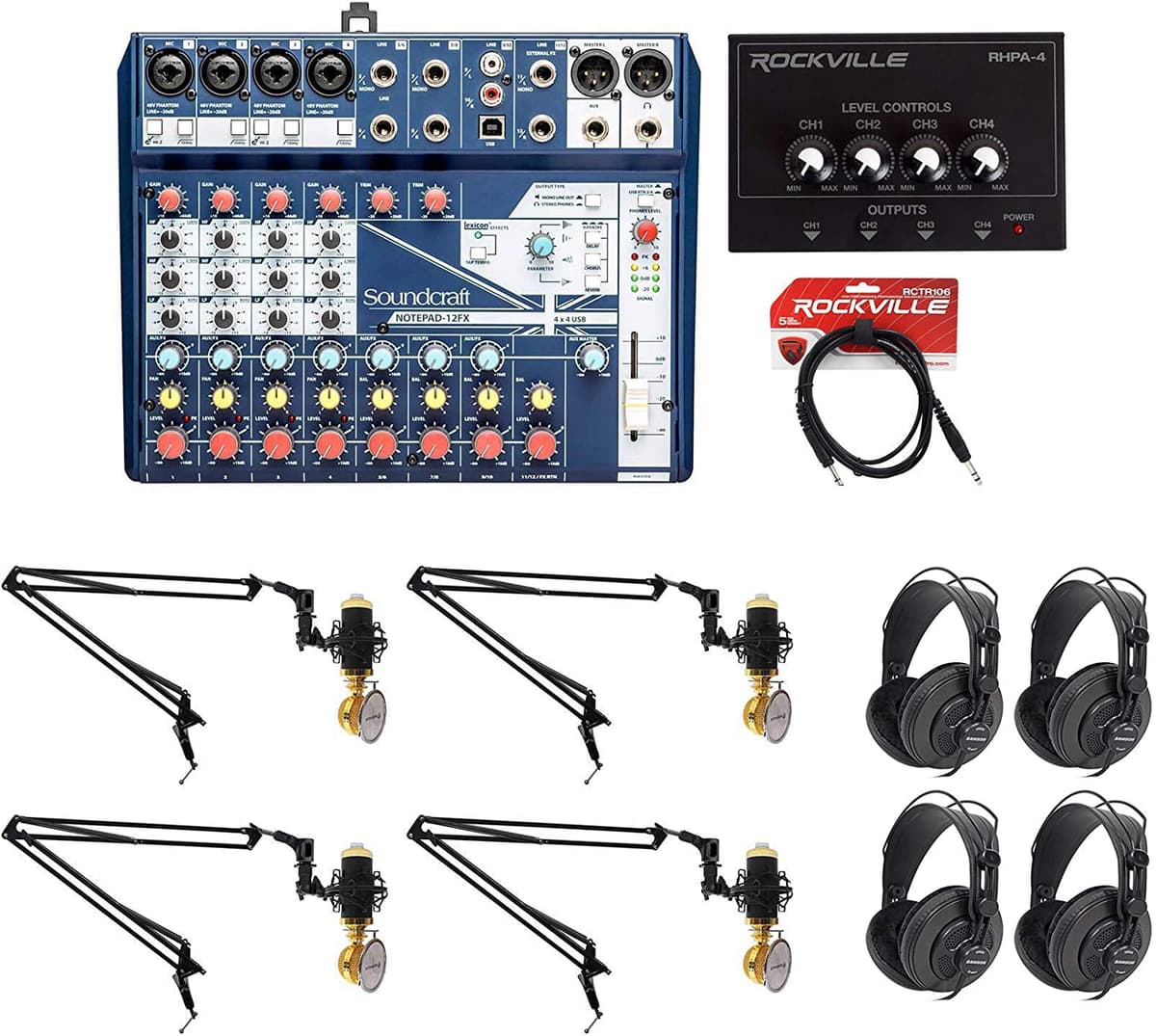 Soundcraft Notepad-12Fx - Paquete Mezclador Con Micrófono De Grabación Rockville Rcm02 Pro Auriculares De Estudio Pro-M50 Brazo De Micrófono Dms40 De 40 Pulgadas Cable Rctr106B Trs A Trs Y Amplificador De Auriculares Rhpa4 Estéreo Notepad-12FX+RCM02 BROAD_