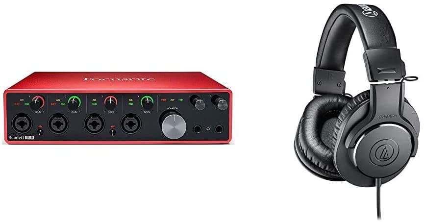 Focusrite Scarlett 18i8 (3rd Gen) Interfaz de Audio USB con Pro Tools | First y Audífonos Profesionales de Monitoreo de Estudio Audio-Technica ATH-M20x, Negros